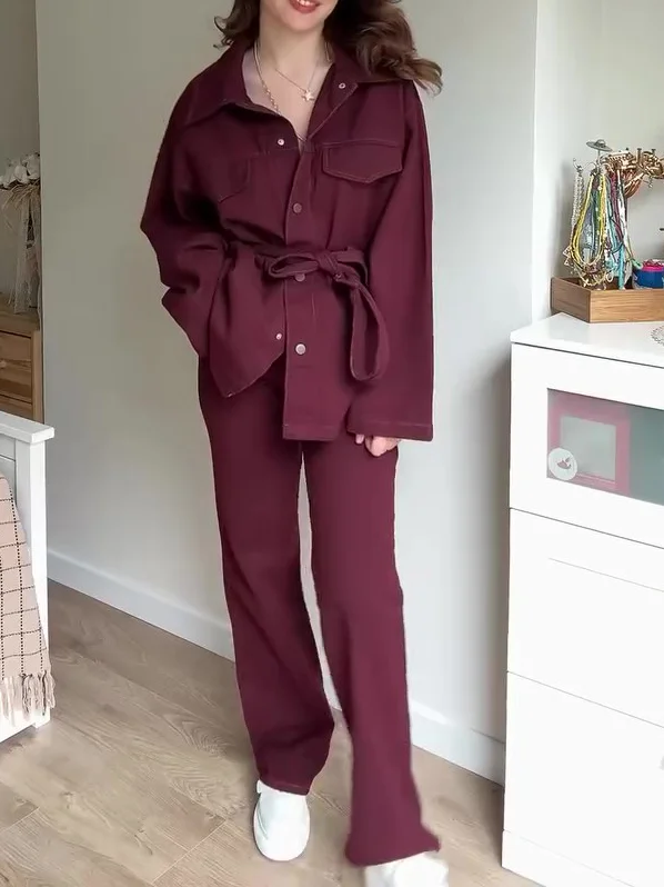 Burgundy Belted Jacket And High Waist Pants Suit
