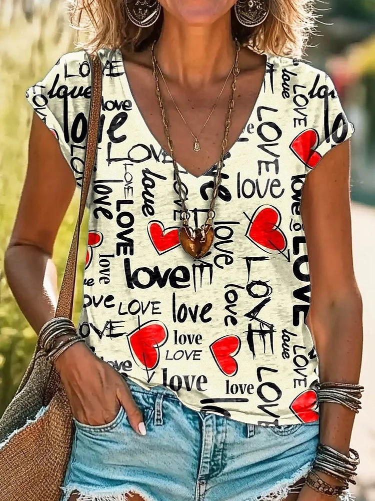 Valentine's Day Love Heart Art Print 100%Cotton V-neck T-Shirt