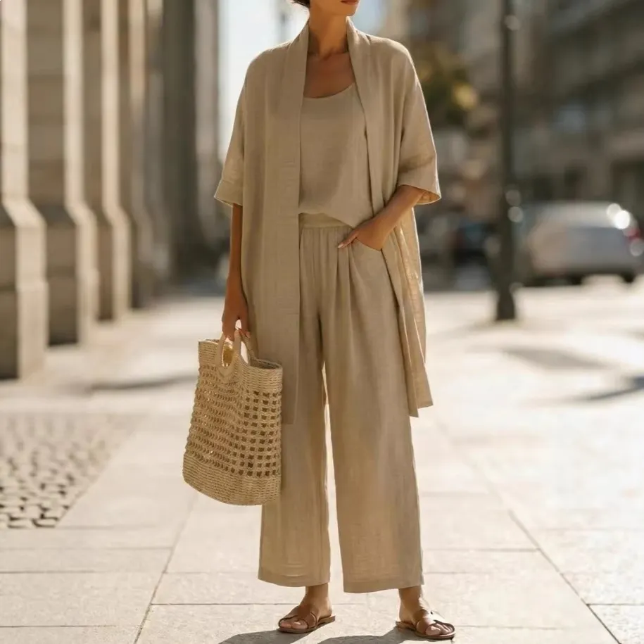 Women's Linen Blend 3-Piece Outfit, Cami Top, Open Front Cardigan and Wide Leg Pants Set
