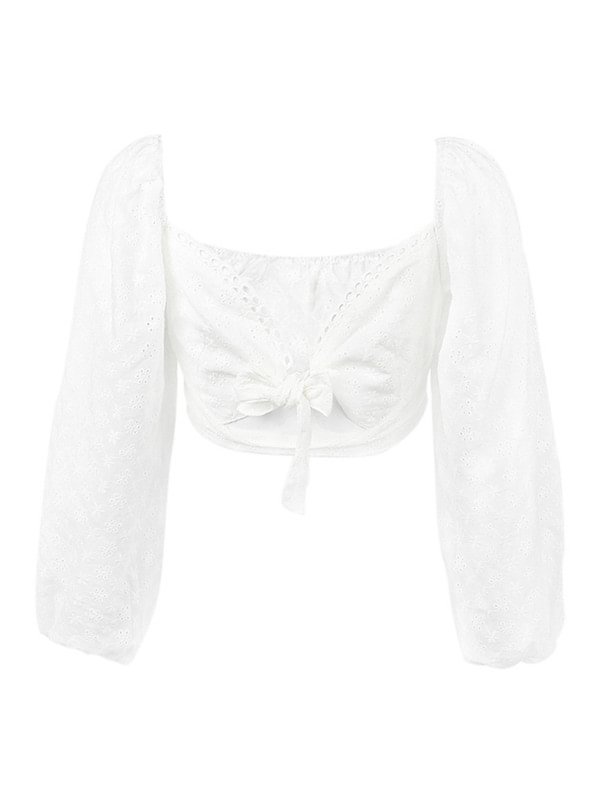 Cutout Solid White Bows Square Collar Long Balloon Sleeve Crop Top