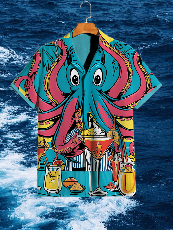 Men's Octopus And Cocktail Vacation Art Print Shirt