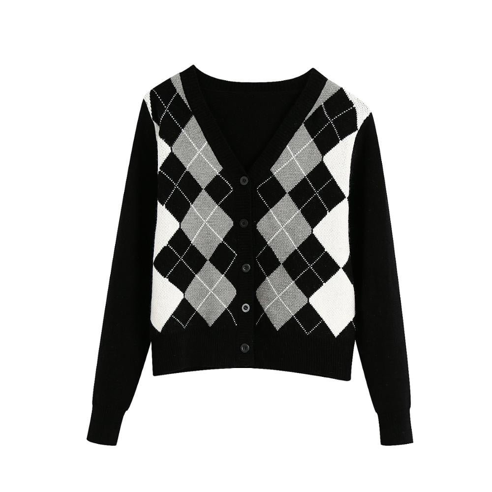 TRAF Women Cardigan Vintage Stylish Geometric Pattern Short Knitted Sweater Fashion Long Sleeve England Style Outerwear Chaqueta
