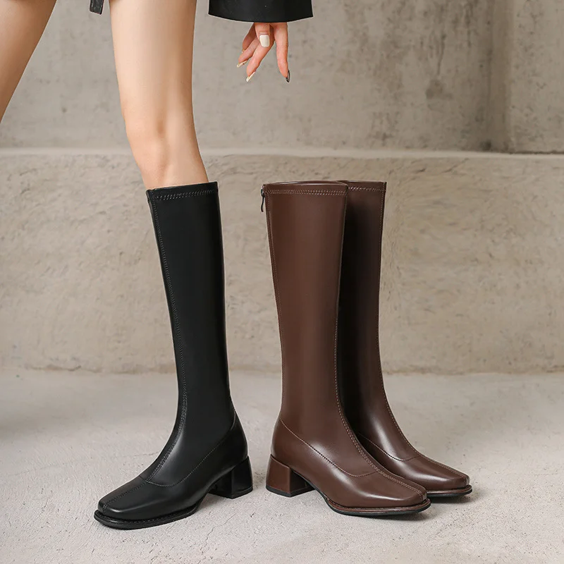 Qengg Qengg Plus Size Boots Square Head Thick Heel Elastic Boots Thin Thin Boots 2024 Autumn / Winter Simple Commuter Women's Boots