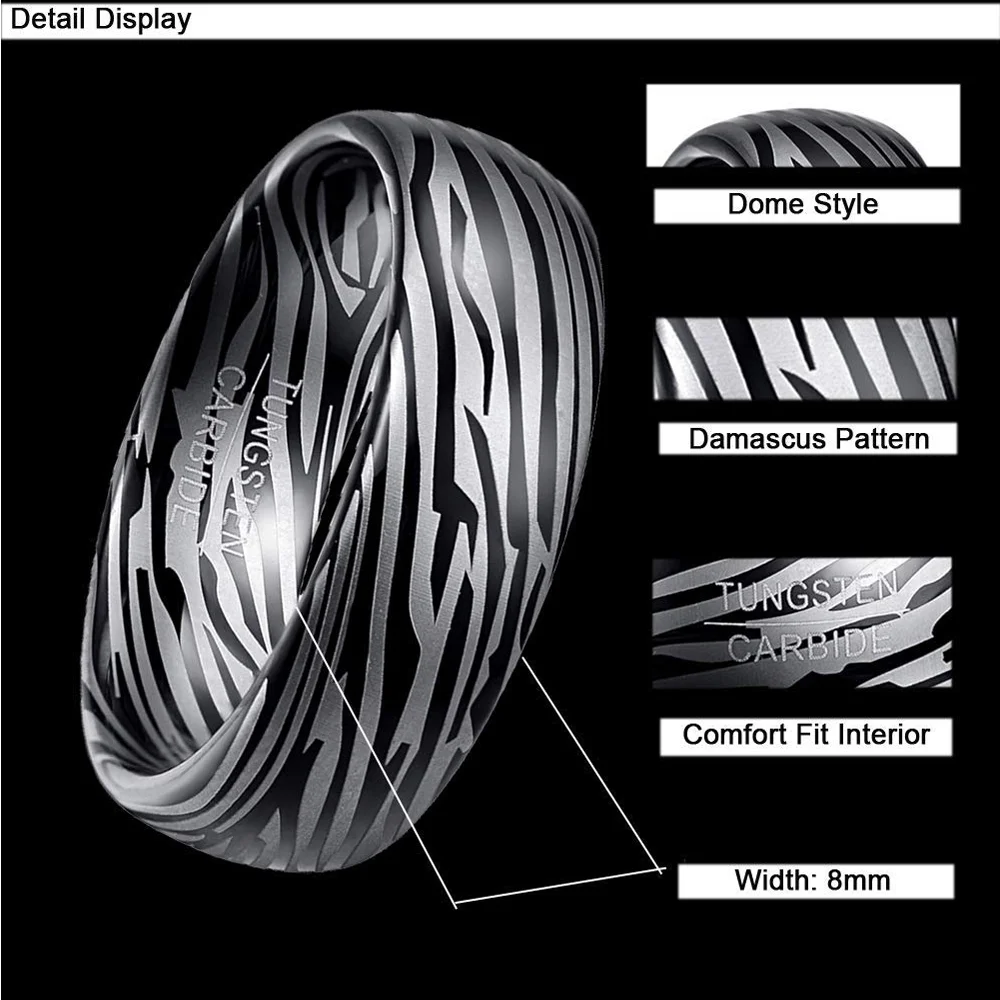 6MM 8MM Tungsten Mens Women Damascus Pattern Wedding Engagement Couple Domed Tungsten Carbide Rings Comfort Fit