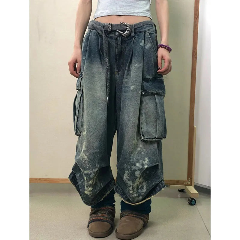 Aiertu American Retro Blue Pocket Denim Pants Women Summer Low-waisted Jeans 2024  New Straight Loose Wide Leg Shorts Y2k Streetwear Aiertu
