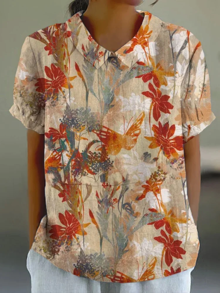 Women's Botanical Floral Print Lapel Short Sleeve T-Shirt