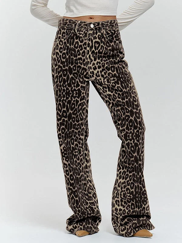 Street Khaki Pockets Leopard Buttoned Straight Pants