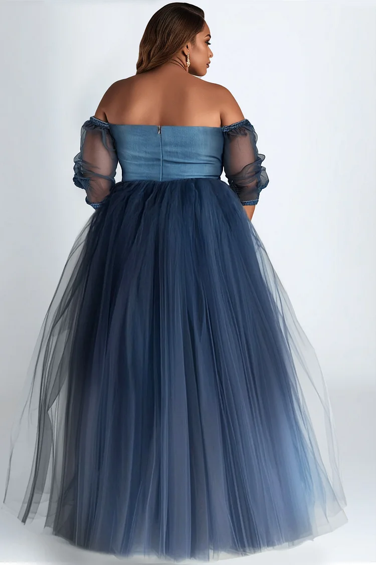 Xpluswear Design Plus Size Formal Blue Off The Shoulder Lantern Sleeve 3/4 Sleeve See Through Contrast Tulle Tencel Denim Maxi Dresses [Pre-Order]