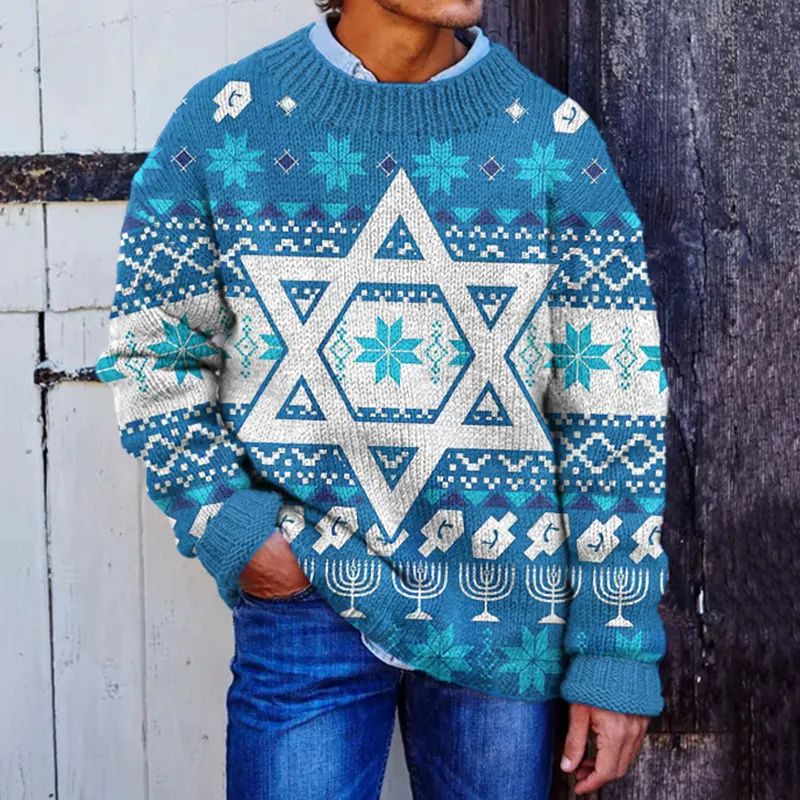 Men's Hanukkah Print Knitted Pullover Sweater