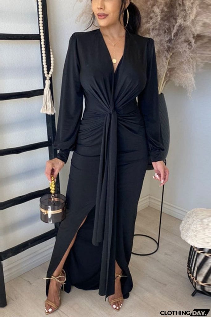Deep V Neck Slit Hem Knotted Maxi Dress