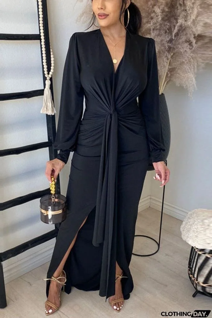 Deep V Neck Slit Hem Knotted Maxi Dress