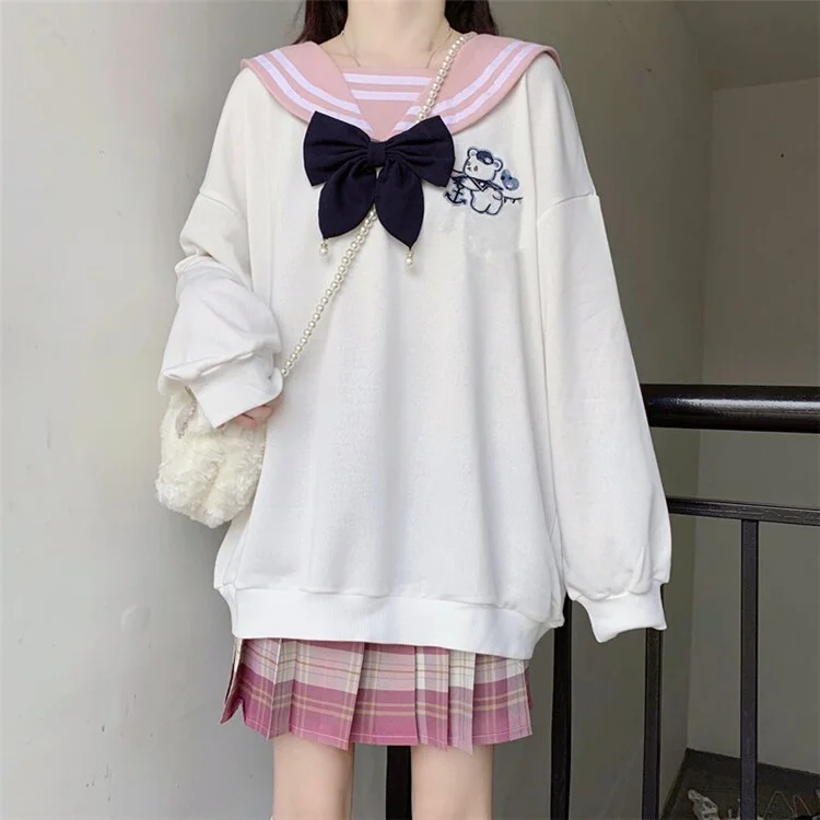 Hoodies and Sweatshirts Women Sweety Kawaii Loose Autumn Winter Hoodies Casual Oversize Pullovers Sailor Collar Bow Sweatshirts