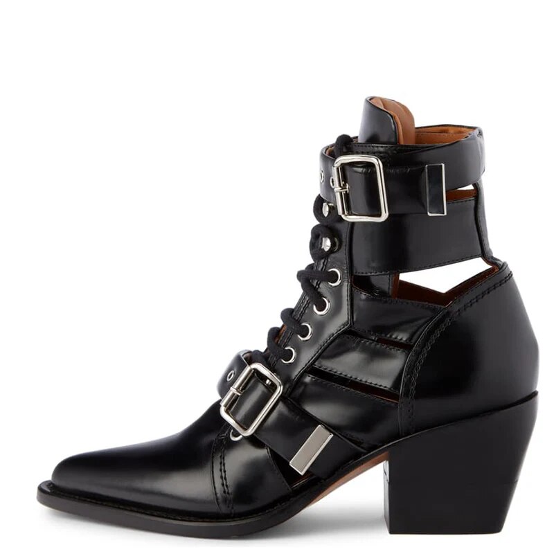 TAAFO Snakeskin Buckles Ankle Boots Woman High Chunky Heels Pointed Toe Ladies Booties 