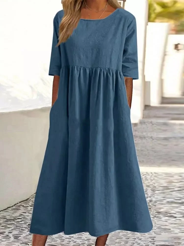 2024 spring and summer new round neck 5-quarter sleeve large size loose long cotton and linen dress