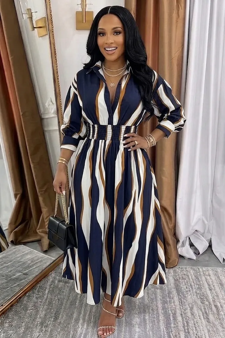 lantern sleeve shirt dress Stripe Shirt Collar Lantern Sleeve Casual Maxi Dresses-Multicolor [Pre  Order]