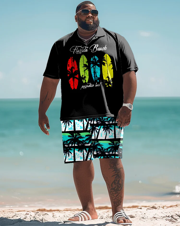 Men's Plus Size Beach Style Floral Print Polo Shirt Shorts Suit
