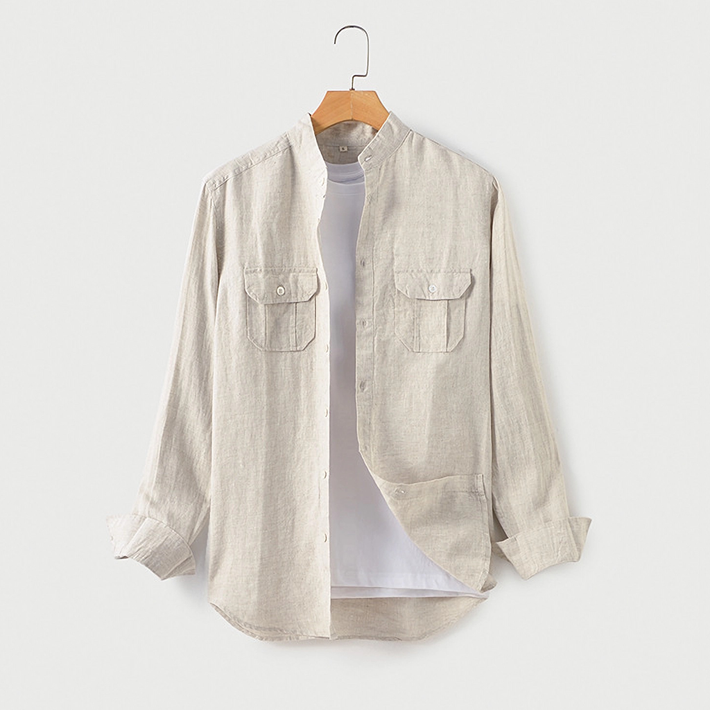 100% European Linen Standing Collar Pocket Men's Shirt REAL SILK LIFE