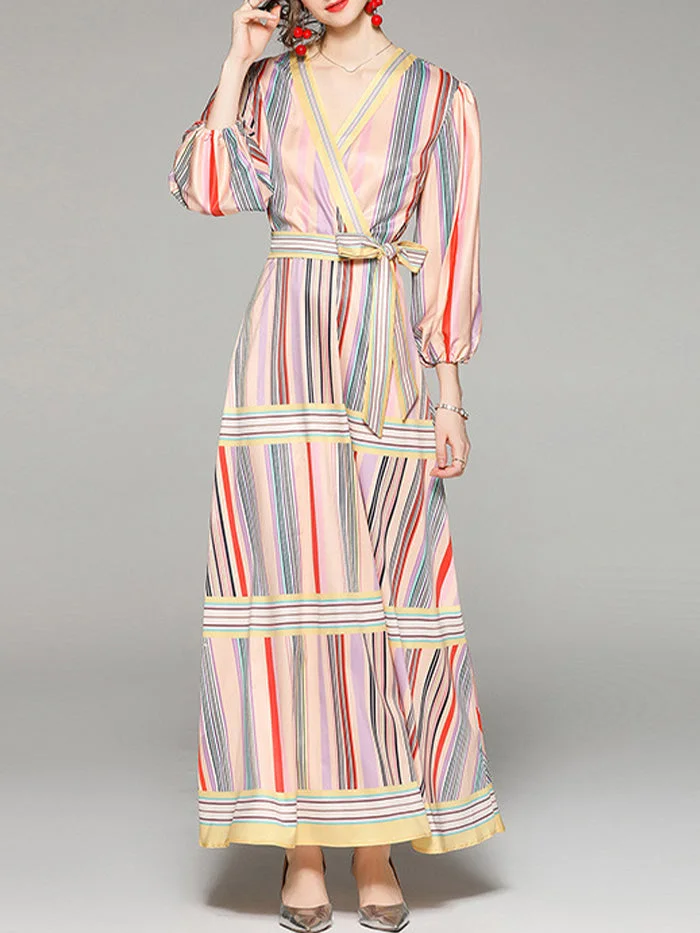 V-neck Long-sleeved Tie-waist Striped Printed A-line Dress