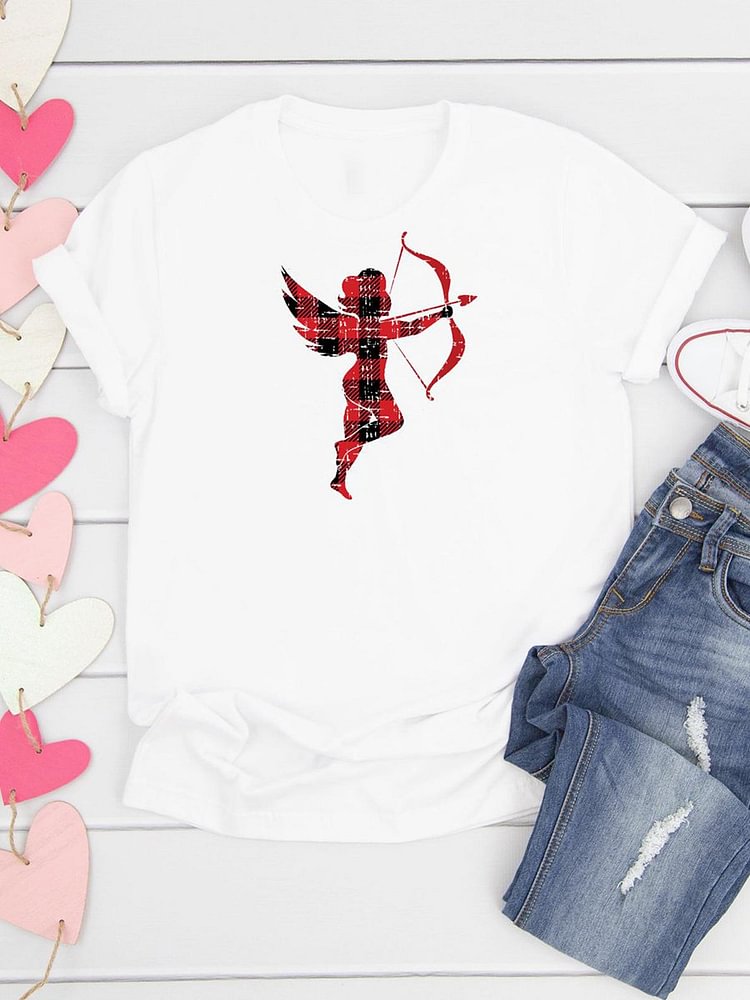 Bestdealfriday Valentine's Day Cupid Red Check Graphic Tee