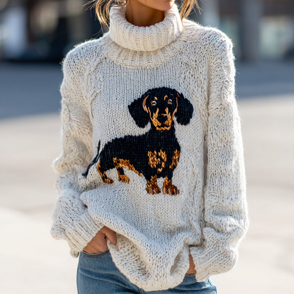 Women's Vintage Cute Dachshund Pattern Cozy Knitted Turtleneck Sweater elevenforest