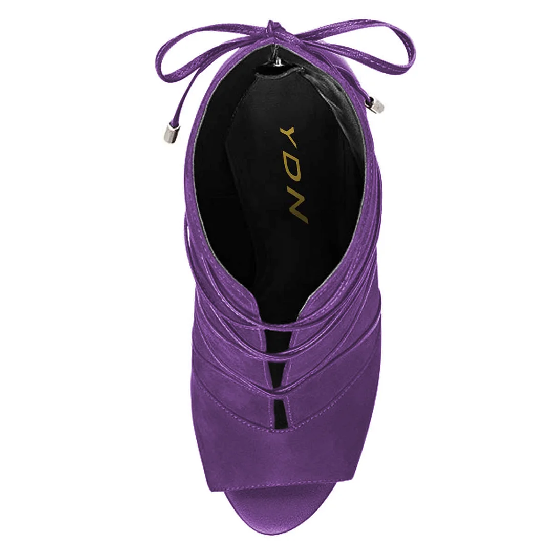 Purple Faux Suede Peep Toe Back-Zip Ankle Booties with Stiletto Heel