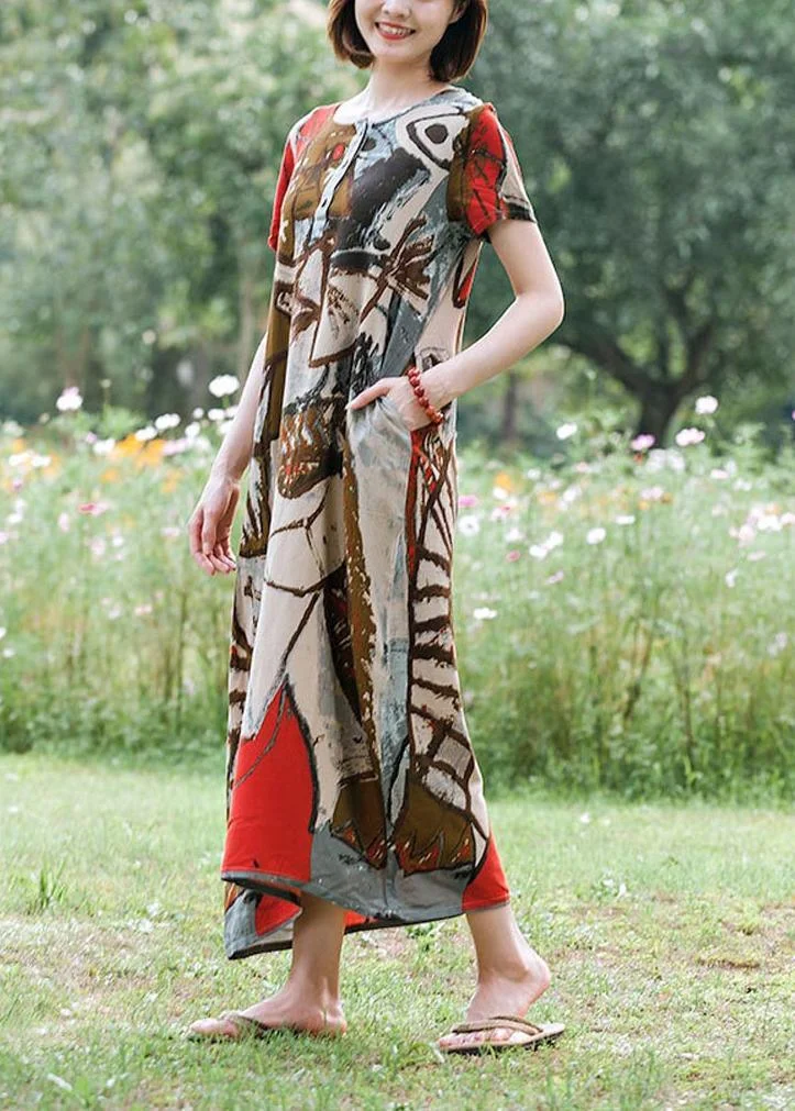 French O Neck Pockets Tunics Red Print Traveling Dress