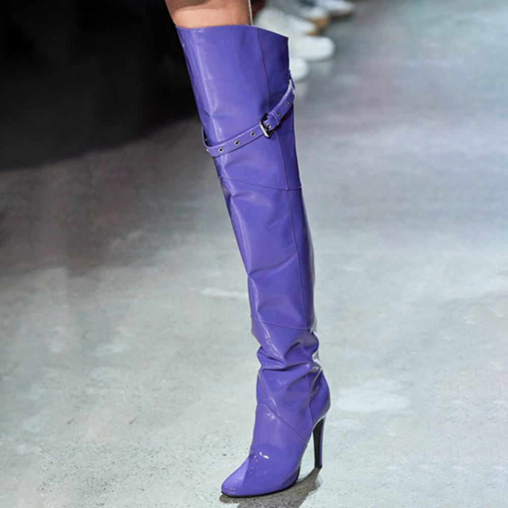 Purple Patent Leather Closed Toe 4‘’ Stiletto Heel Thigh High Boots Nicepairs