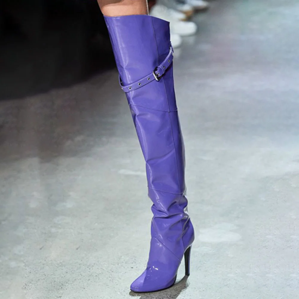 Purple Patent Leather Closed Toe Thigh High Boots with Stiletto Heels Nicepairs