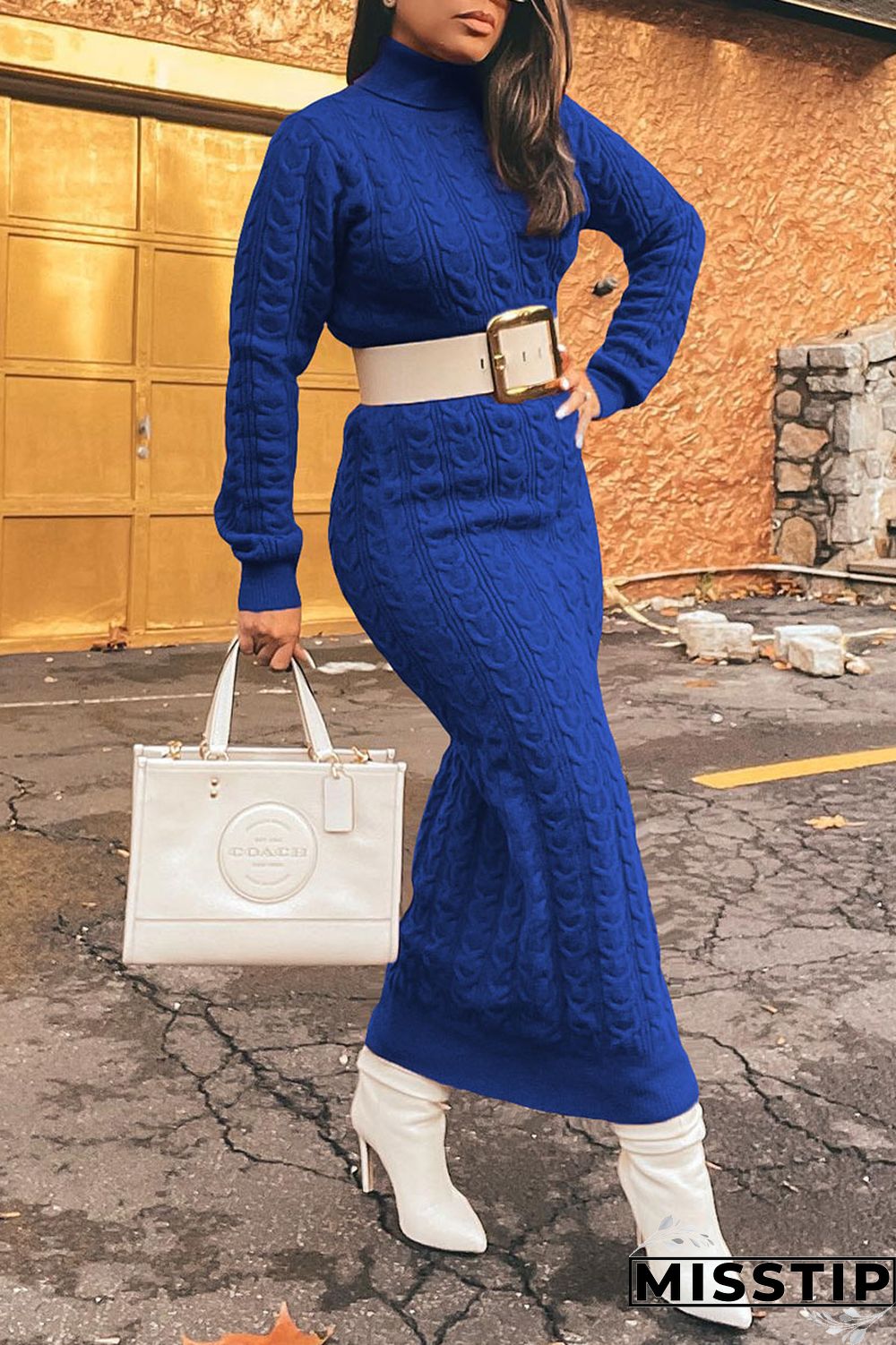 Light Brown Casual Solid Patchwork Turtleneck Straight Dresses(Without Belt)