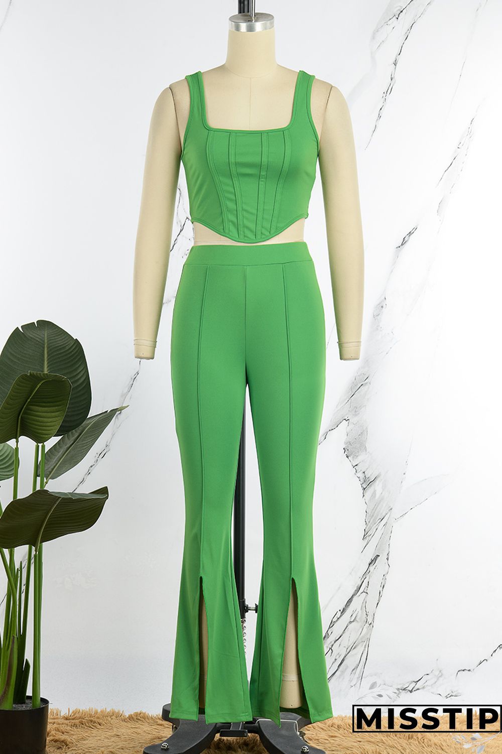 Green Casual Solid Vests Pants U Neck Sleeveless Two Pieces