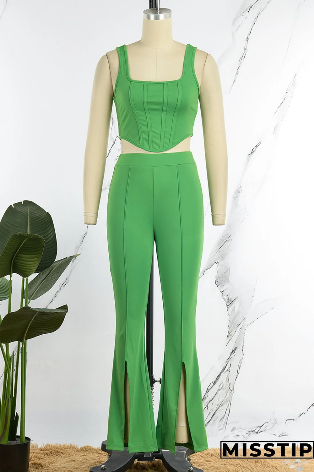 Green Casual Solid Vests Pants U Neck Sleeveless Two Pieces