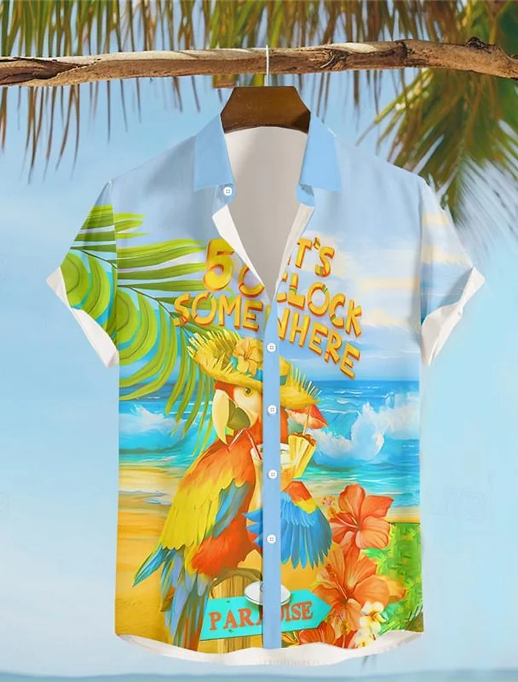 Kakacloud It's 5 O'clock Somewhere Parrot Men's Resort Hawaiian 3D Printed Shirt Button Up Short Sleeve Summer Beach Shirt Vacation Wear