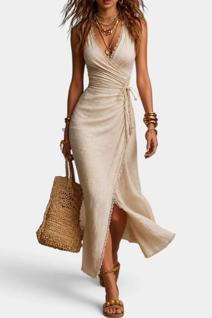 Elegant Lace-Trimmed Wrap Maxi Dress with Side Slit
