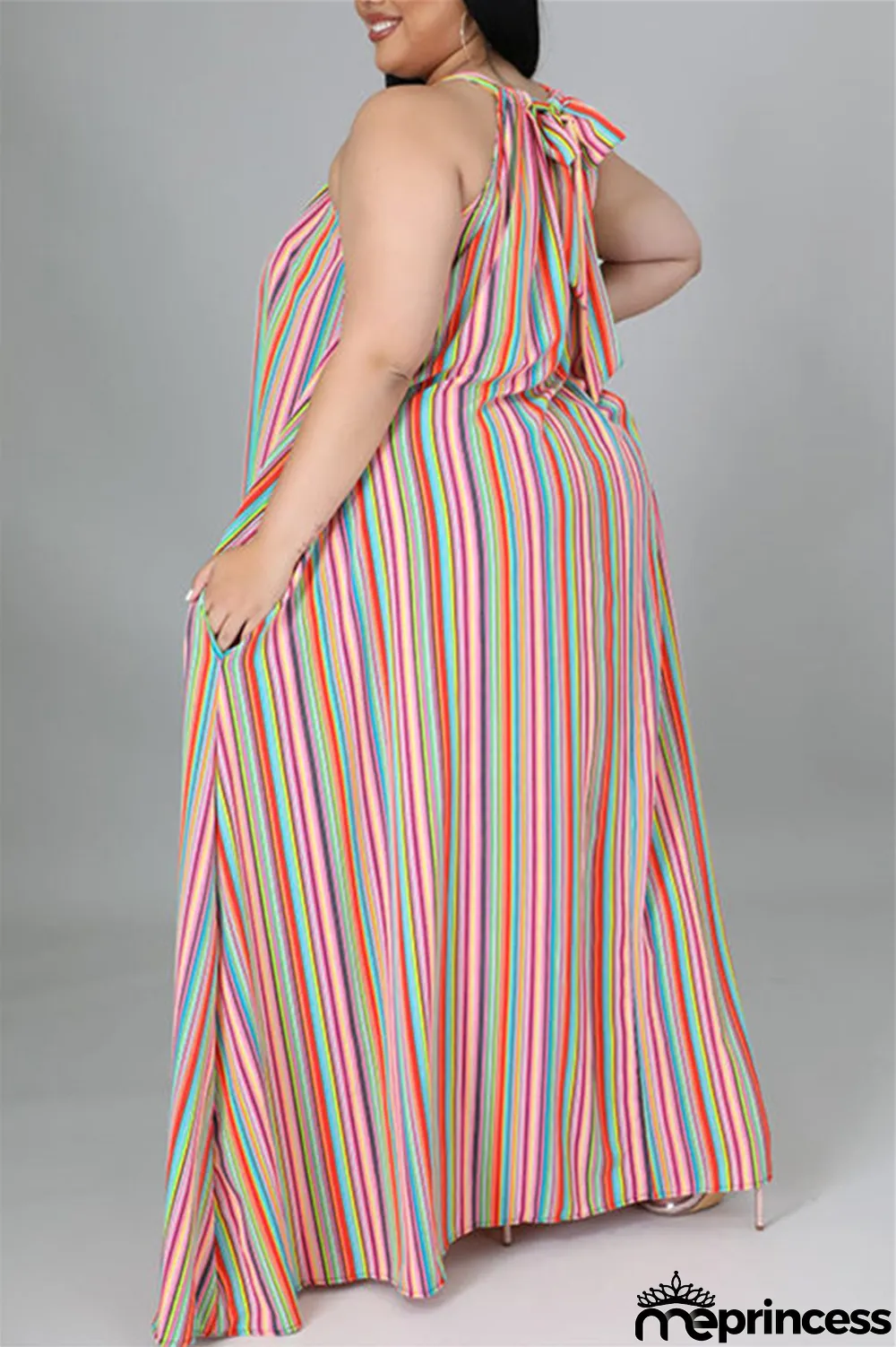 Light Blue Fashion Casual Plus Size Striped Print Backless O Neck Sleeveless Dress