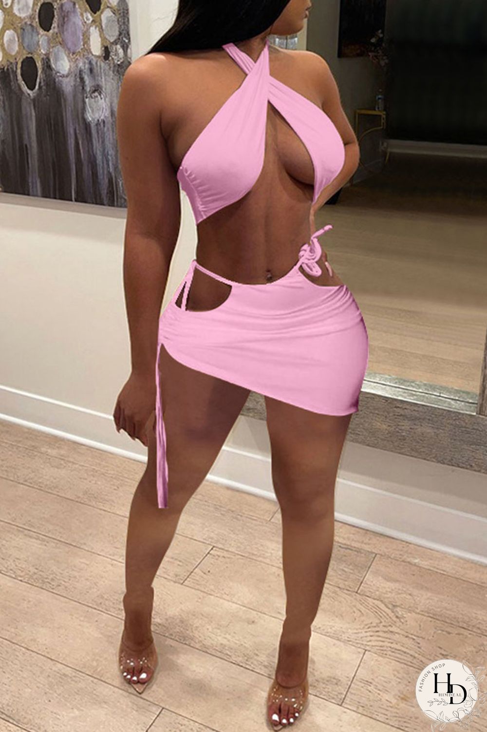 White Sexy Solid Bandage Draw String Backless Halter Sleeveless Two Pieces