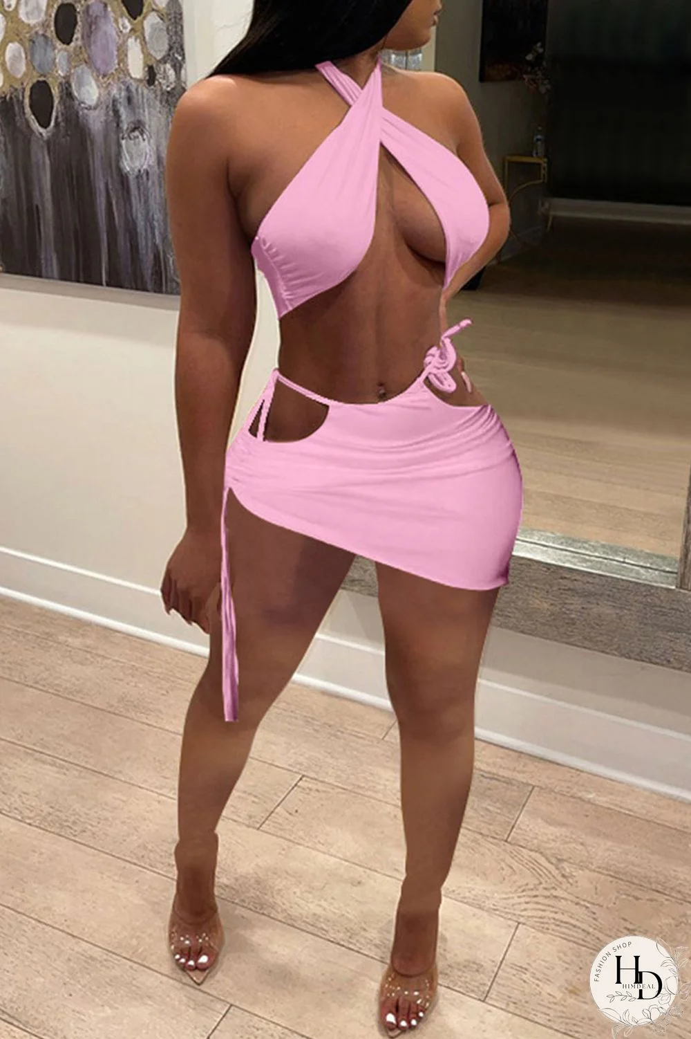 White Sexy Solid Bandage Draw String Backless Halter Sleeveless Two Pieces