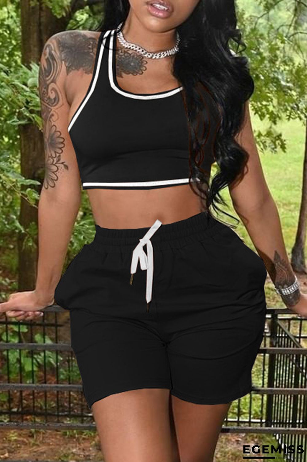 Black Casual Sportswear Solid Vests U Neck Sleeveless Two Pieces | EGEMISS