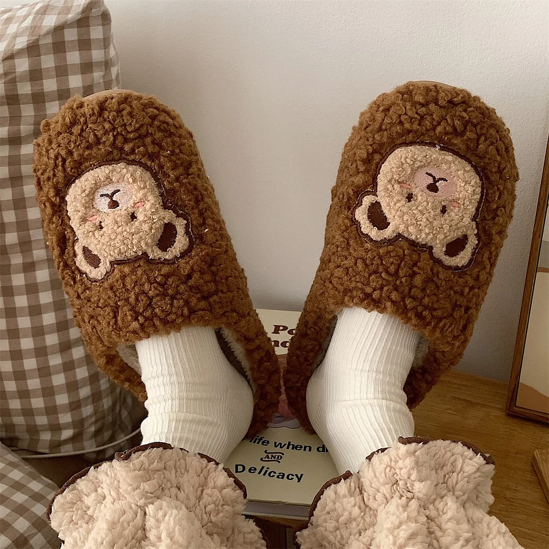 2022 Winter Women Slipper Lovely Bear Cartoon Plush Cotton Home Slippers Female Indoor Household Anti-Skid Thick Bottom Slipper