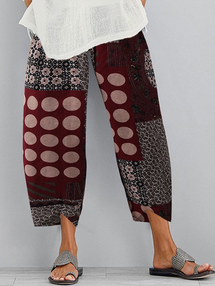 Vintage Print Elastic Waist Casual Pants For Women - Shop Trendy Women's Fashion | TeeYours