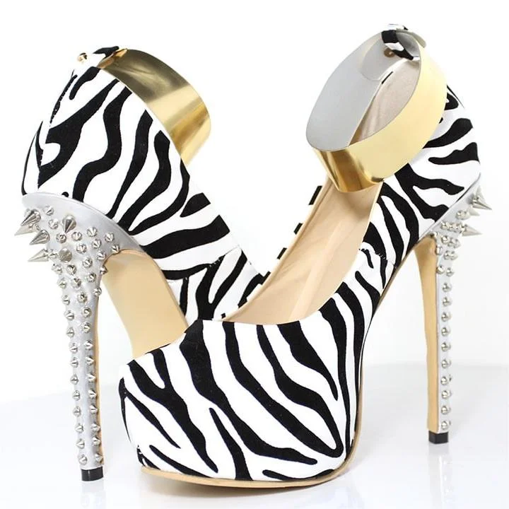 Black and White Heels Zebra Platform Pumps Rivets Ankle Strap Heels |FSJ Shoes