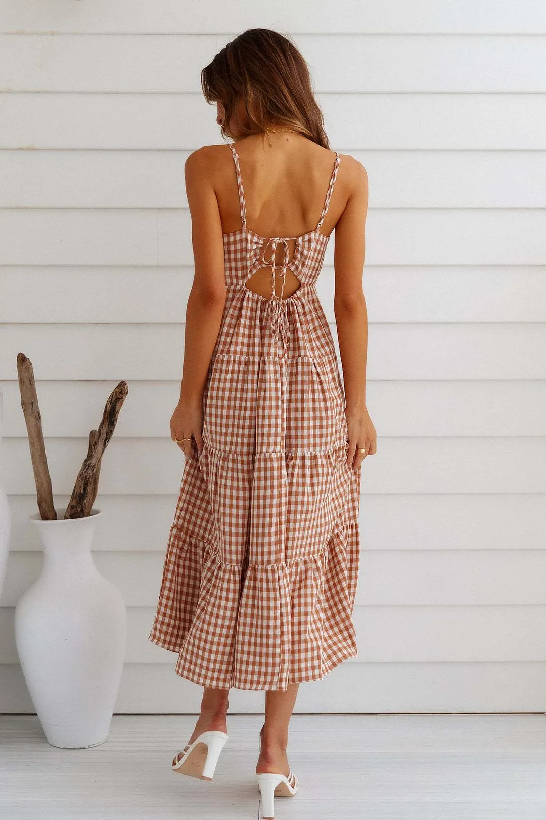 Sexy Plaid Backless Contrast Weave O Neck A Line Dresses