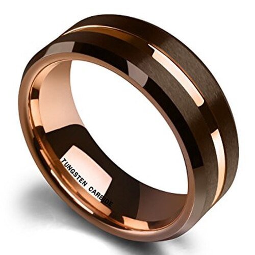 Women's Or Men's Tungsten Carbide Wedding Ring Band,Brown Matte Finish Band with Rose Gold,Beveled Edges,Grooved and Comfort Fit With Mens And Womens For Width 4MM 6MM 8MM 10MM