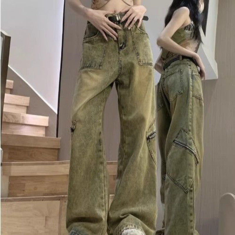 Aiertu tailgate outfit black women American-Style Retro Draping Jeans Women's Autumn Washed Distressed Loose Workwear Straight Wide-Leg Pants aiertu