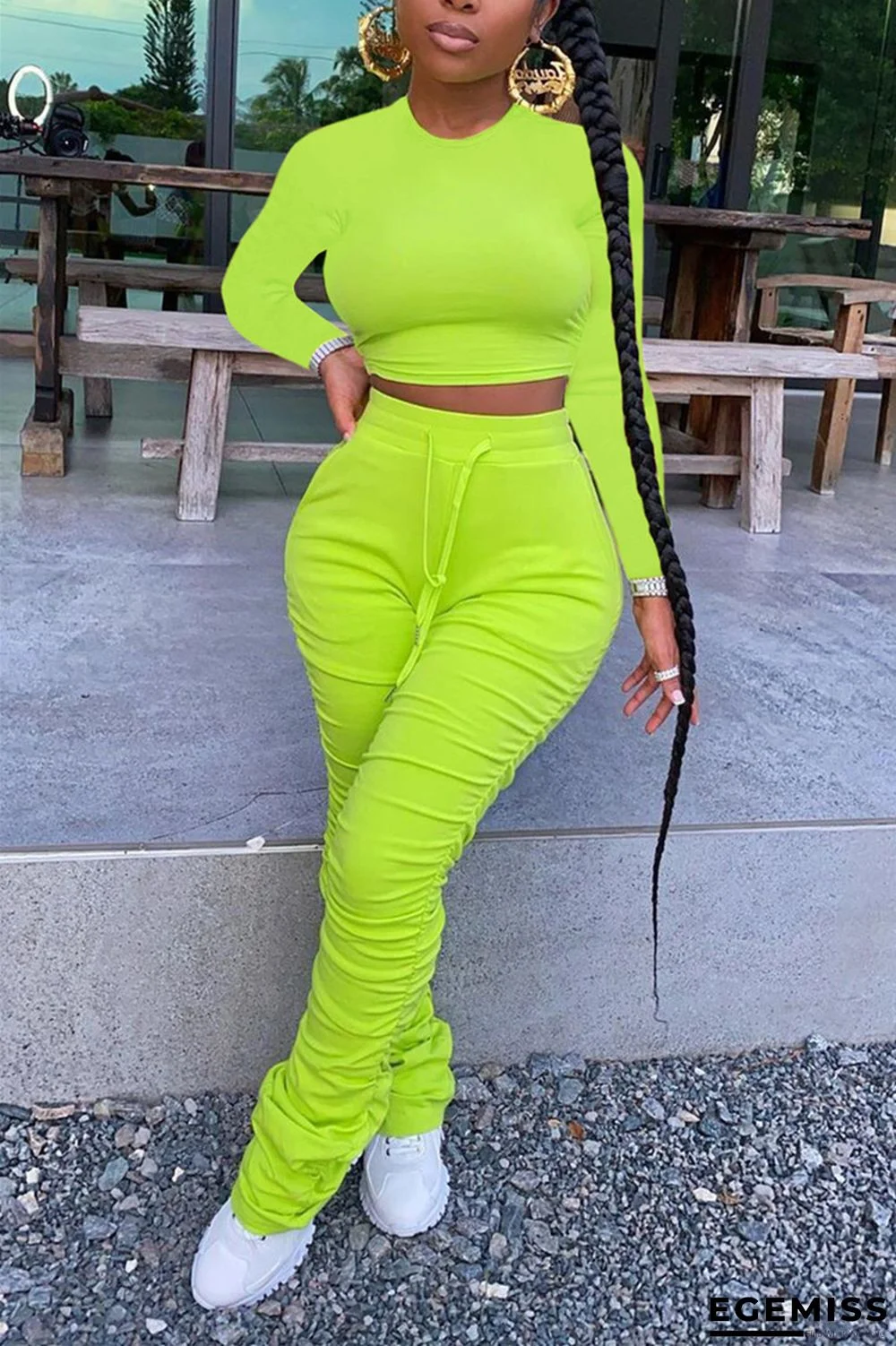 Fluorescent green Fashion adult Ma'am Street Solid Draped Two Piece Suits pencil Long Sleeve Two Pieces | EGEMISS