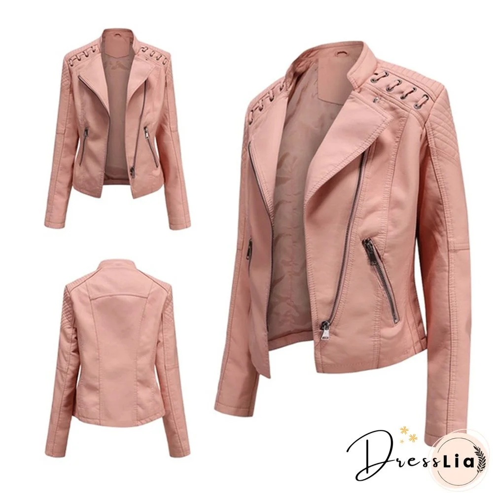 Ladies Fashion Spring and Autumn Short Slim Thin Leather Jacket Motorcycle Suit