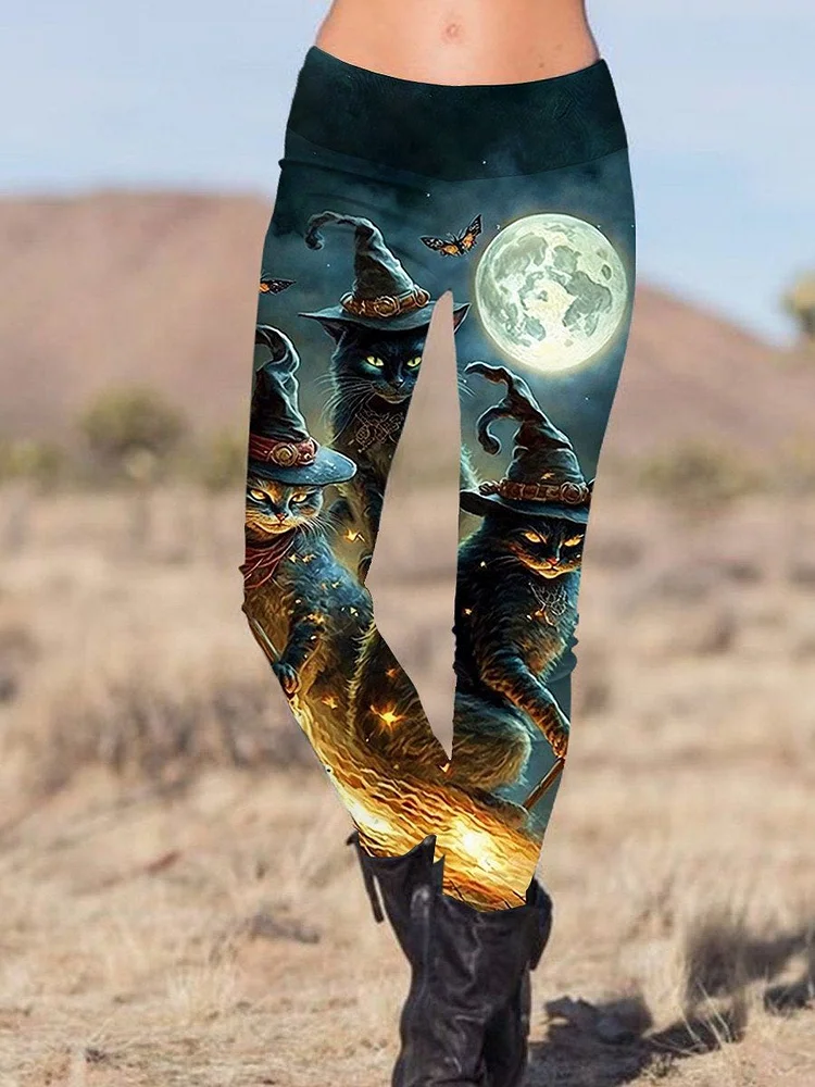 Women's Halloween Cat Art Print Casual Stretch Leggings