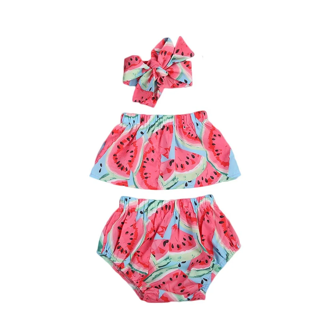Infant Baby Girls 3 Pieces Outfit, Watermelon Print Off Shoulder Crop Tops + Shorts Bottom + Headband Summer Set
