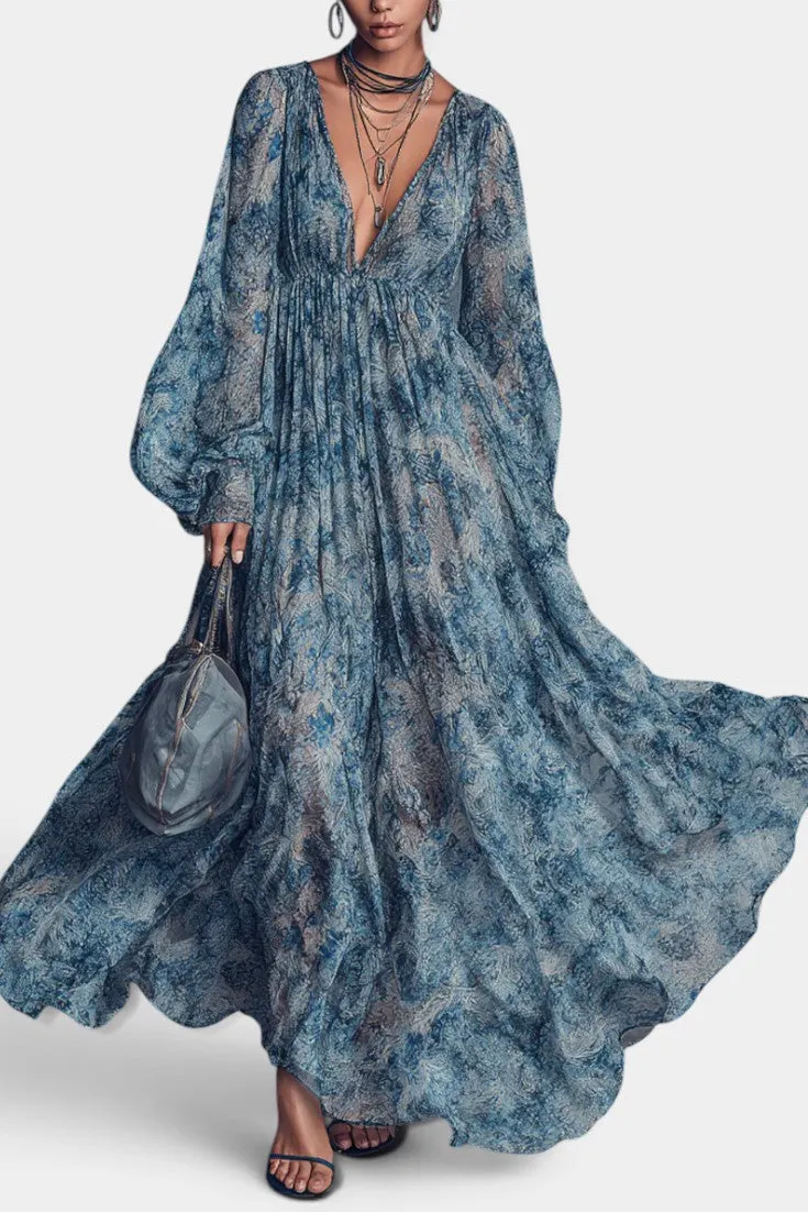 Deep V-Neck Chiffon Maxi with Lantern Sleeves