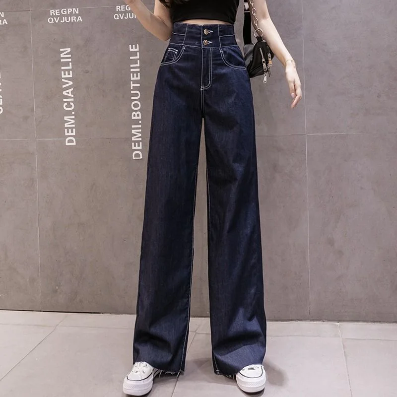 High Waist Jeans Women Denim Blue Vintage Solid Oversize Full Length New Style Wide Leg Womens Autumn Long Trousers Casual Soft