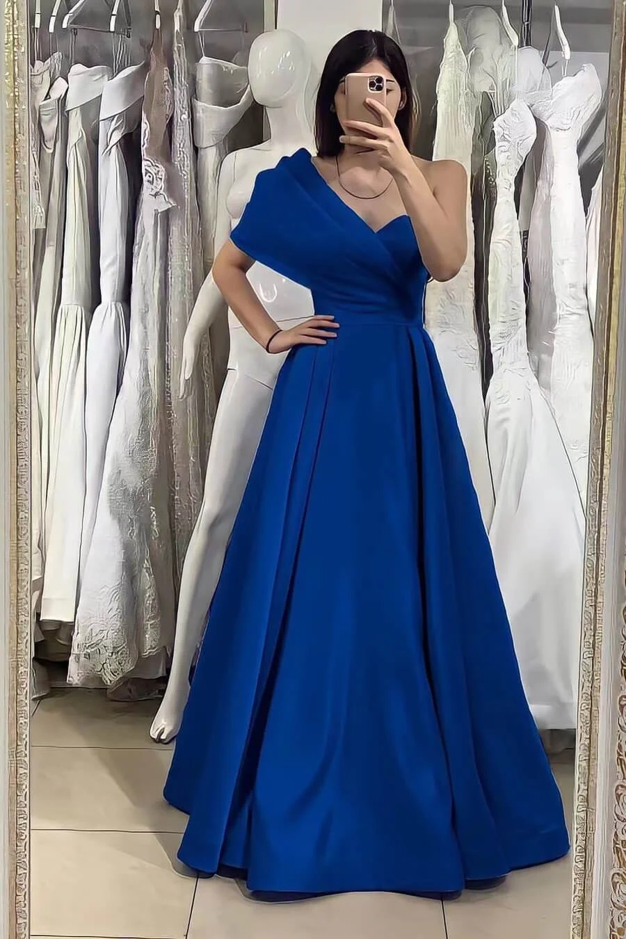 Royal Blue Elegant One Shoulder Sweetheart Evening Dress With Off-The-Shoulder Online | Ballbellas Ballbellas